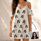 Woman wearing Women's Talon Toast Custom Face Off-Shoulder Dress — custom faces printed all-over