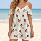 Model wearing Women's Talon Toast Custom Face Off-Shoulder Dress printed with kids' faces