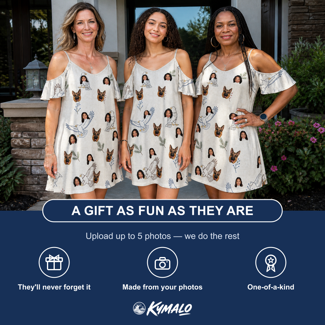 Friends in matching Women's Talon Toast Custom Face Off-Shoulder Dress — a group gift photo