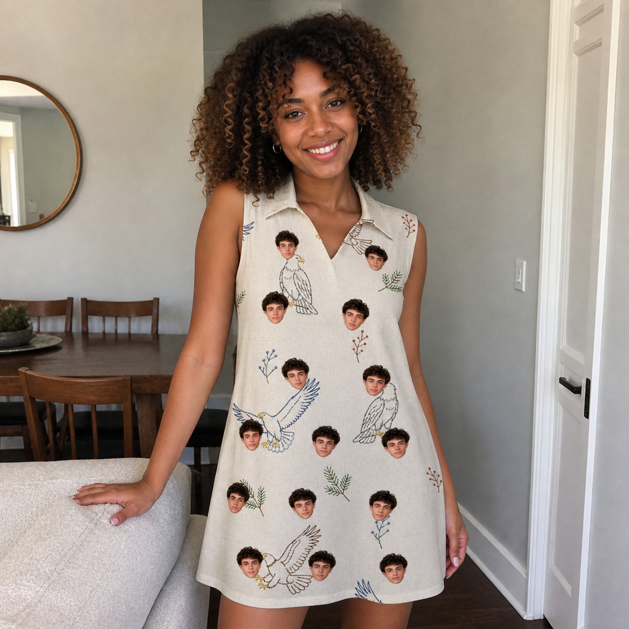 Real-life photo of someone wearing Women's Talon Toast Custom Face V-Neck Dress — custom faces printed all-over