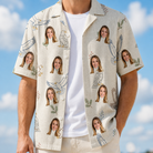 Man wearing Men's Talon Toast Custom Face Hawaiian Shirt open over a white tee