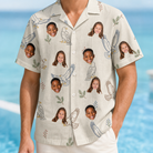 Model wearing Men's Talon Toast Custom Face Hawaiian Shirt printed with kids' faces