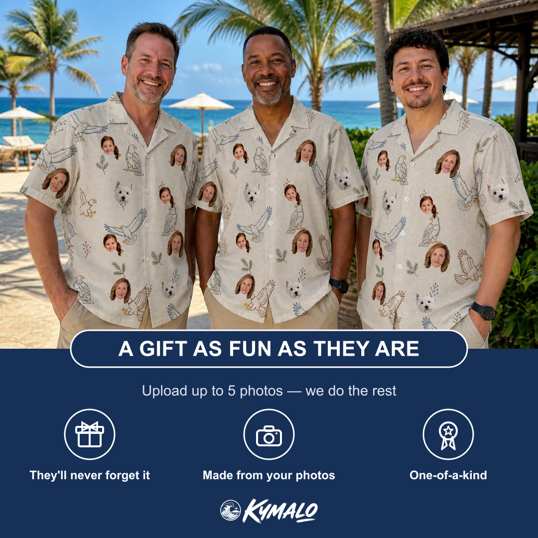 Friends in matching Men's Talon Toast Custom Face Hawaiian Shirt — a group gift photo