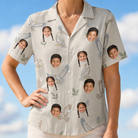 Model wearing Women's Talon Toast Custom Face Hawaiian Shirt printed with kids' faces