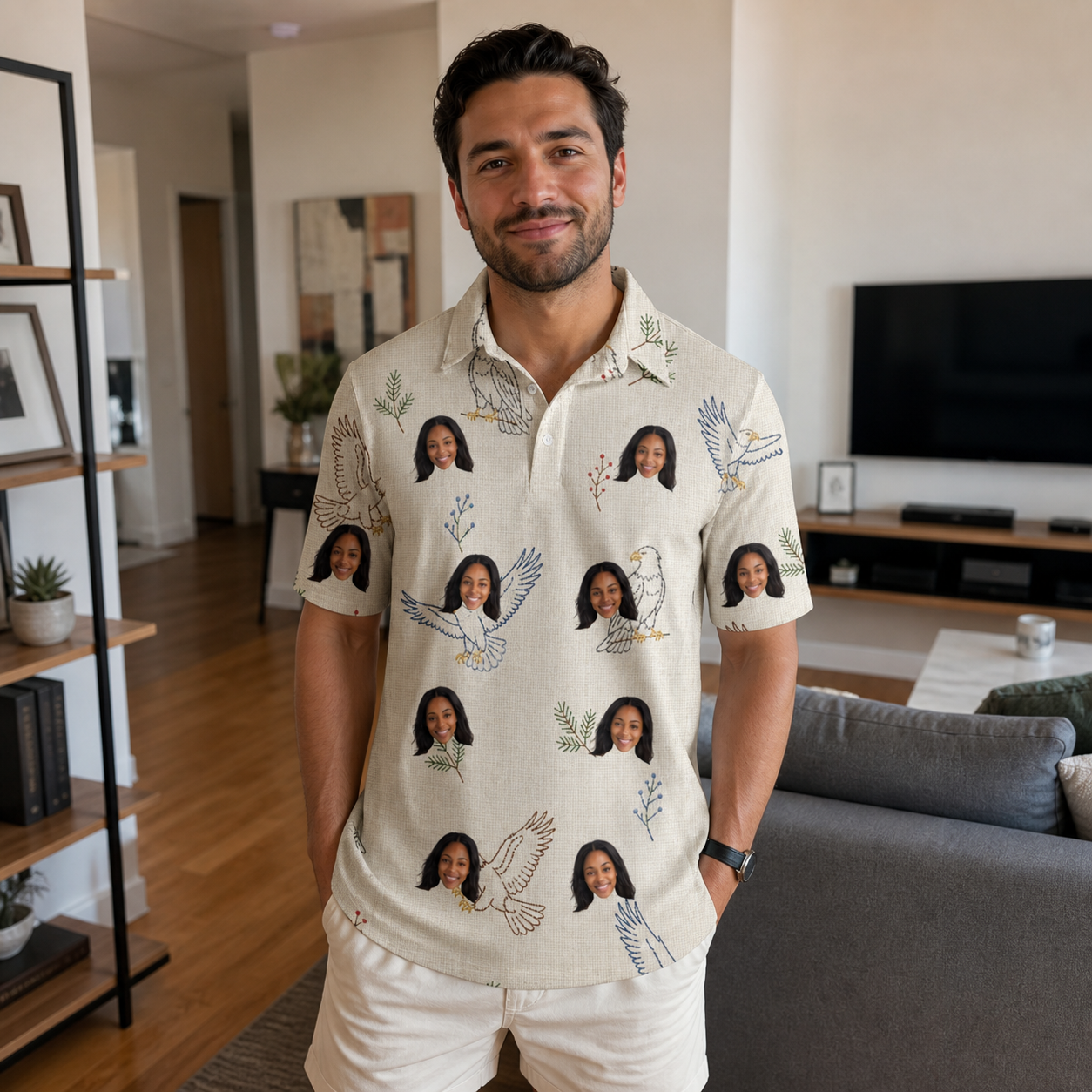 Real-life photo of someone wearing Men's Talon Toast Custom Face Polo Shirt — custom faces printed all-over