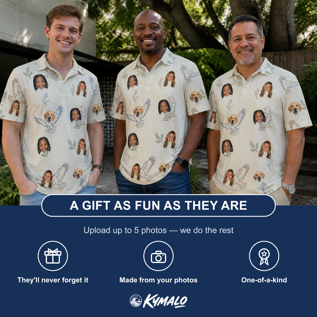 Friends in matching Men's Talon Toast Custom Face Polo Shirt — a group gift photo