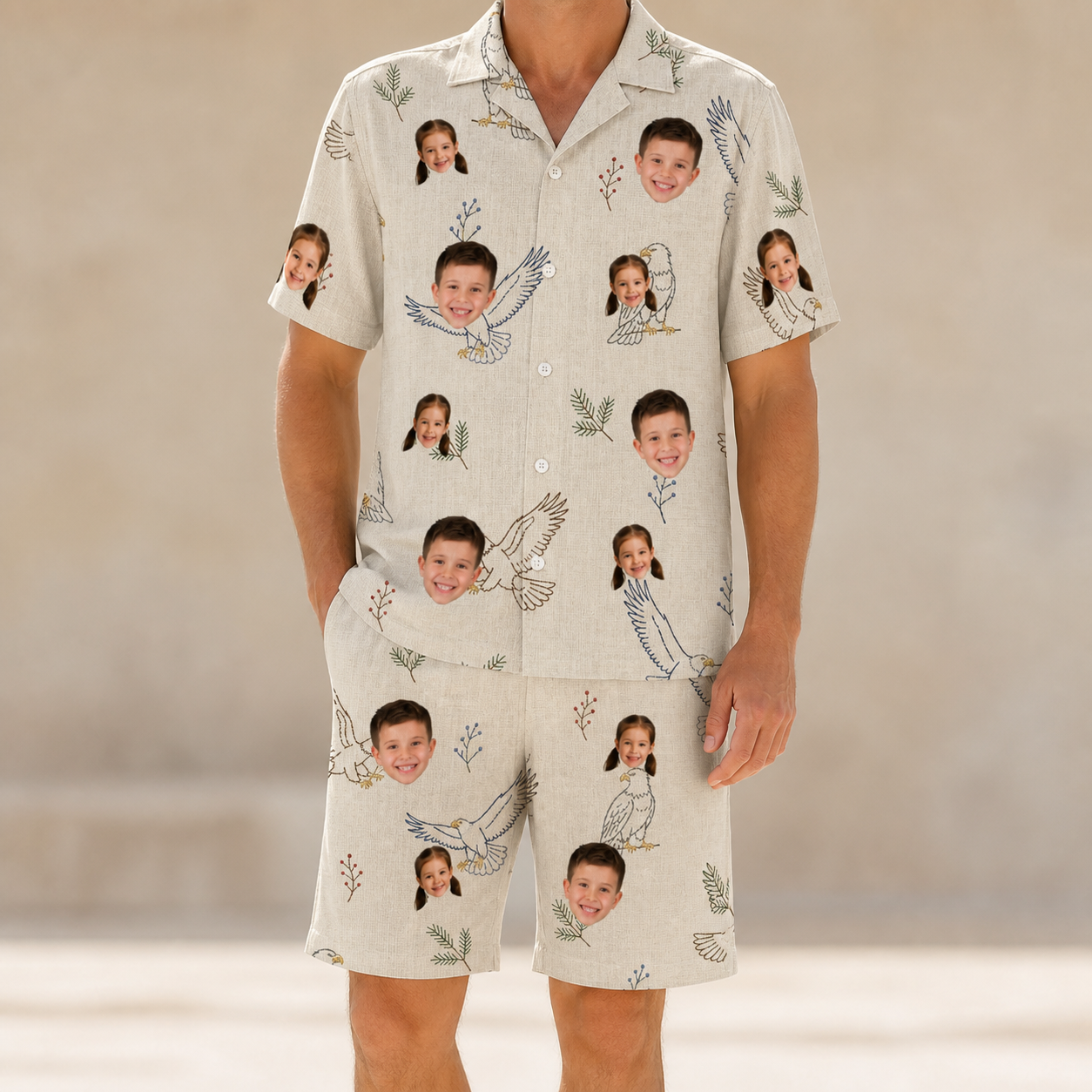 Model wearing Men's Talon Toast Custom Face Shirt & Shorts Set printed with kids' faces