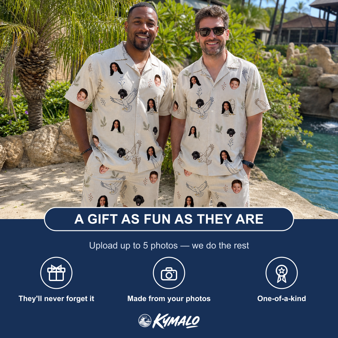 Friends in matching Men's Talon Toast Custom Face Shirt & Shorts Set — a group gift photo