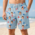 Model wearing Men's Bunting Bonanza Custom Face Beach Shorts printed with kids' faces