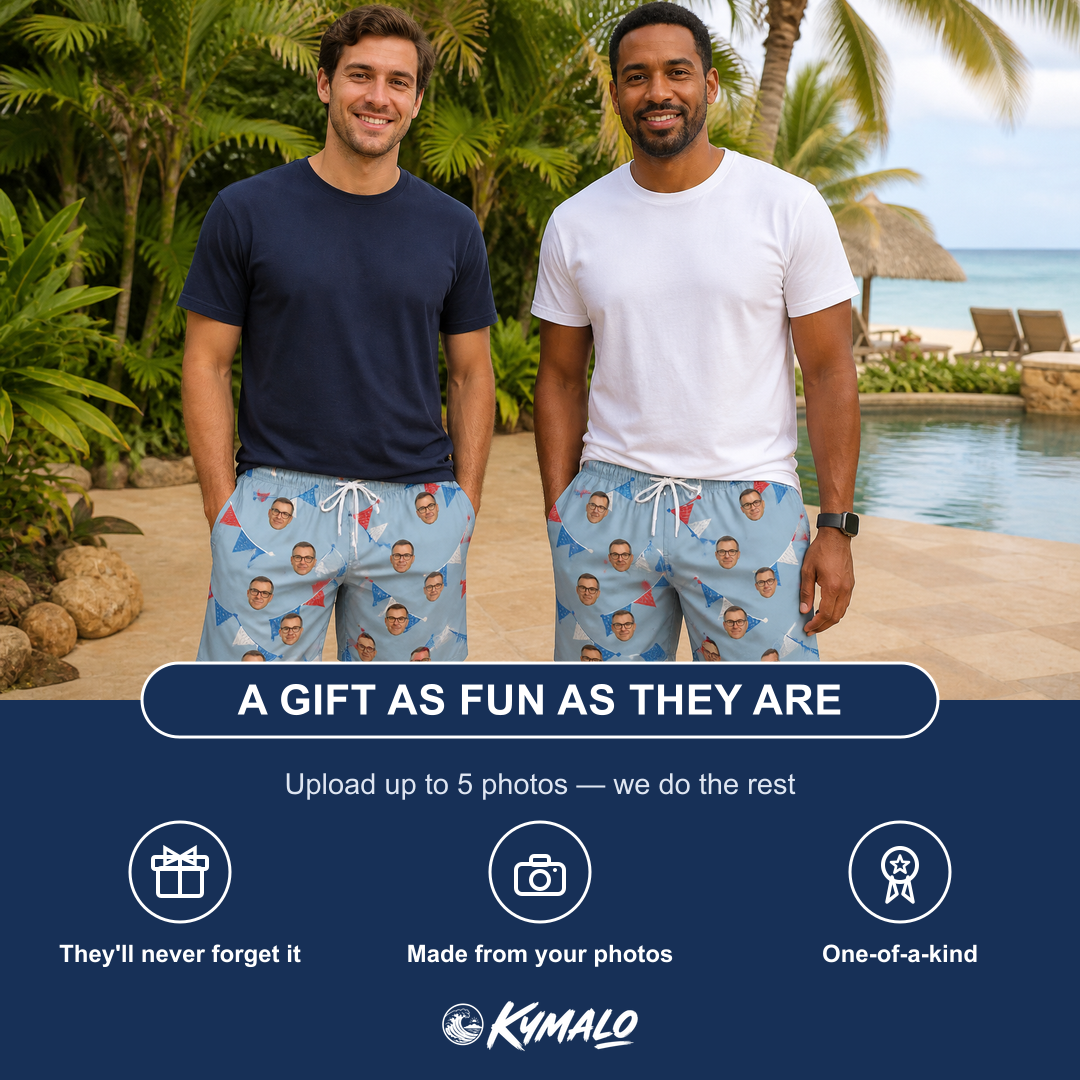 Friends in matching Men's Bunting Bonanza Custom Face Beach Shorts — a group gift photo