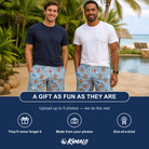 Friends in matching Men's Bunting Bonanza Custom Face Beach Shorts — a group gift photo