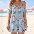 Model wearing Women's Bunting Bonanza Custom Face Off-Shoulder Dress printed with kids' faces