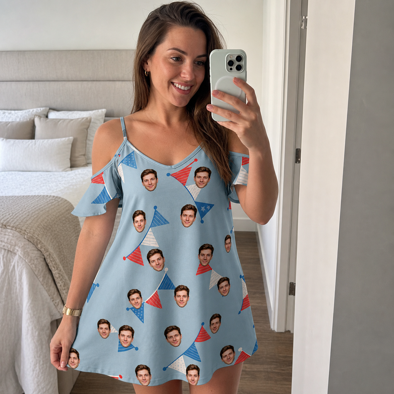Real-life photo of someone wearing Women's Bunting Bonanza Custom Face Off-Shoulder Dress — custom faces printed all-over
