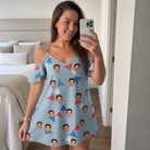 Real-life photo of someone wearing Women's Bunting Bonanza Custom Face Off-Shoulder Dress — custom faces printed all-over