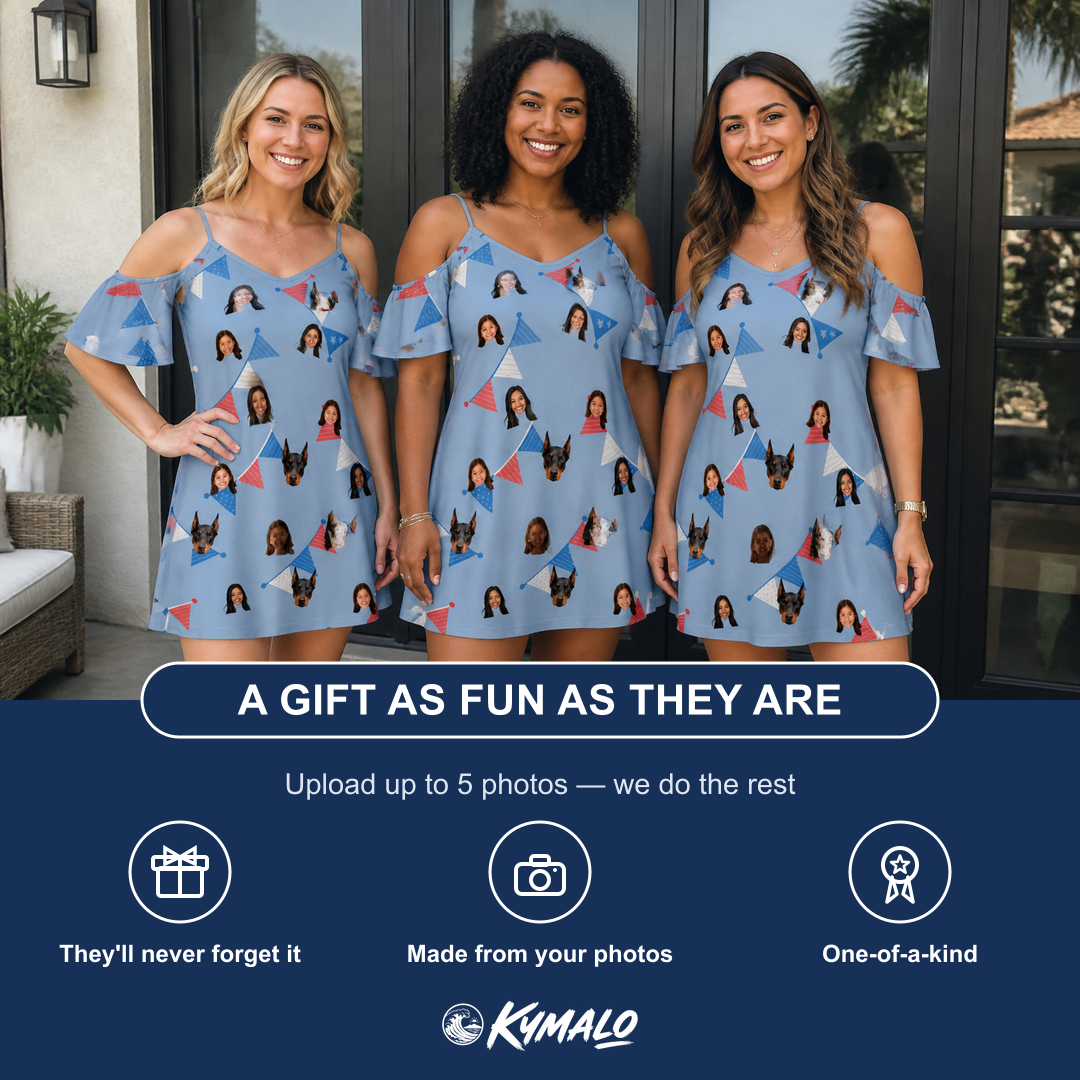 Friends in matching Women's Bunting Bonanza Custom Face Off-Shoulder Dress — a group gift photo