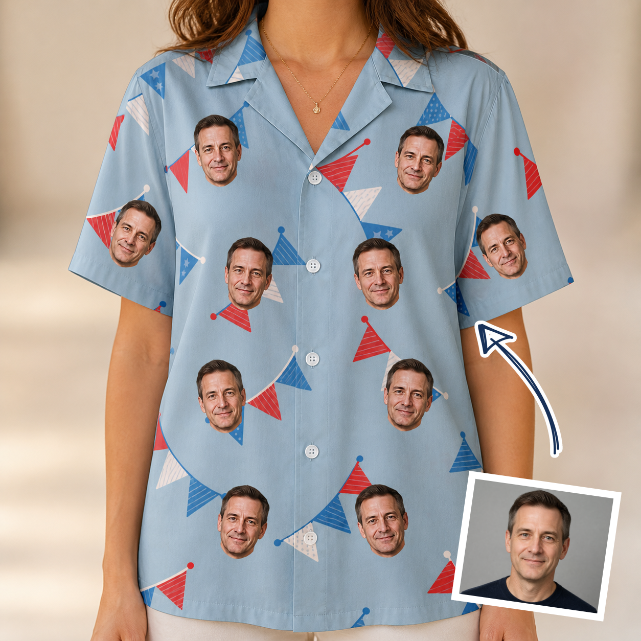 Woman wearing Women's Bunting Bonanza Custom Face Hawaiian Shirt — custom faces printed all-over