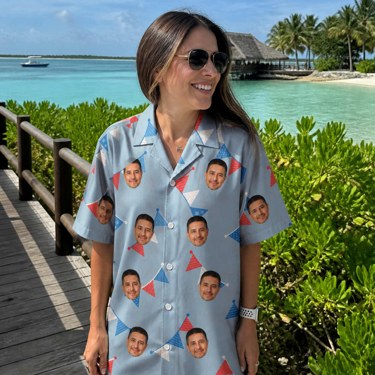 Real-life photo of someone wearing Women's Bunting Bonanza Custom Face Hawaiian Shirt — custom faces printed all-over