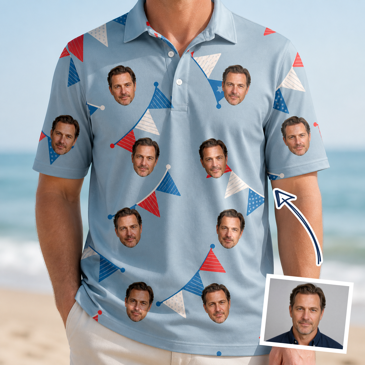 Man wearing Men's Bunting Bonanza Custom Face Polo Shirt — custom faces printed all-over