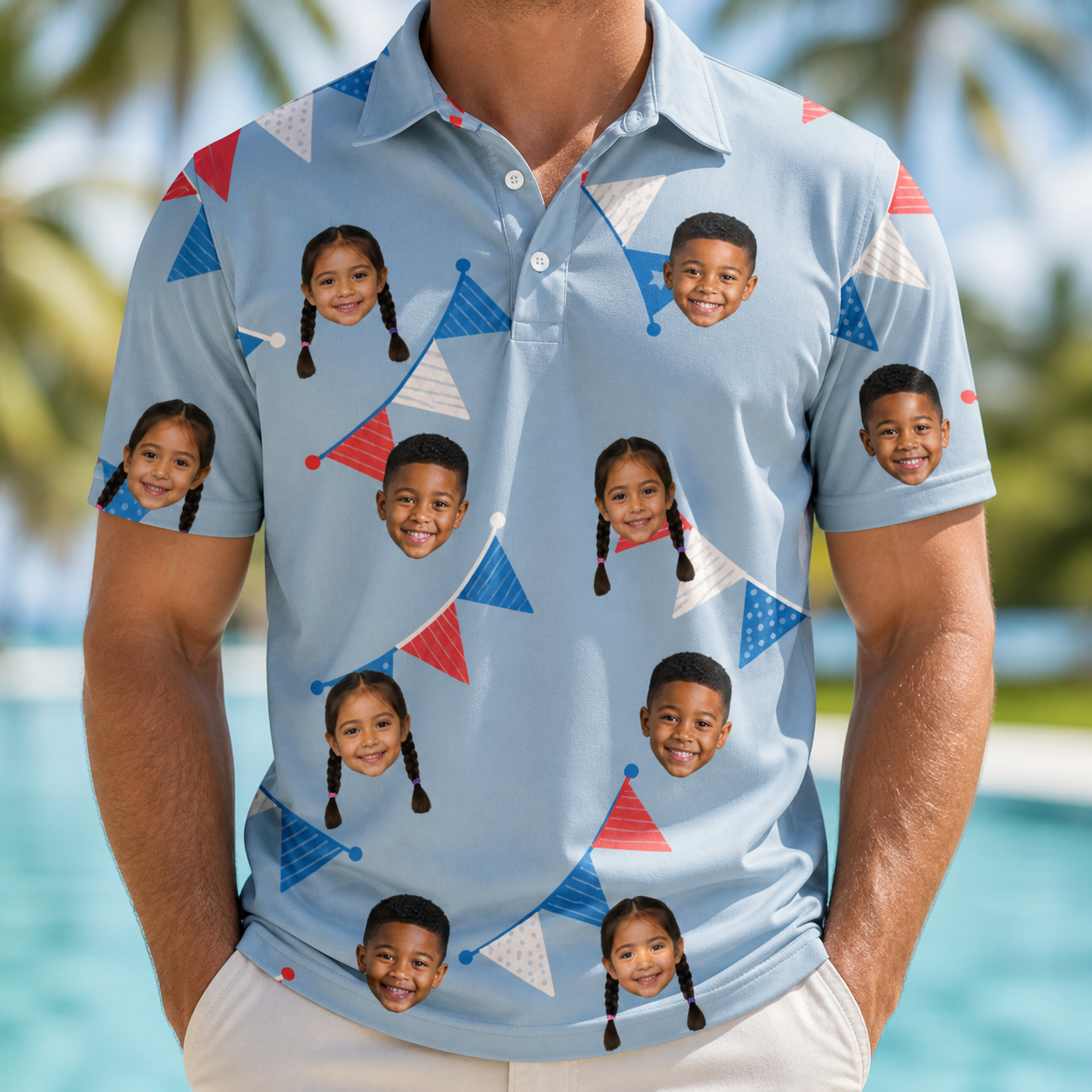 Model wearing Men's Bunting Bonanza Custom Face Polo Shirt printed with kids' faces