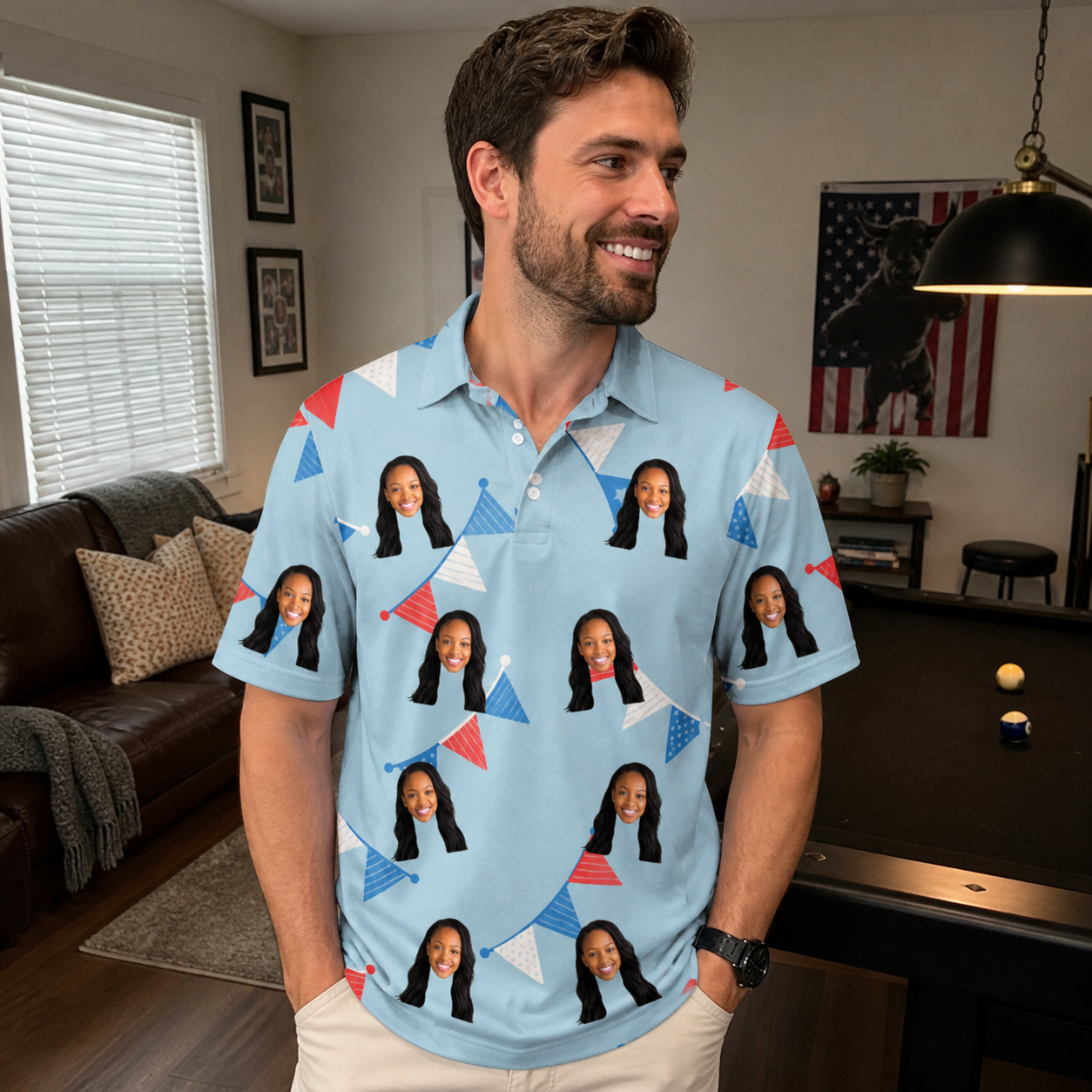 Real-life photo of someone wearing Men's Bunting Bonanza Custom Face Polo Shirt — custom faces printed all-over