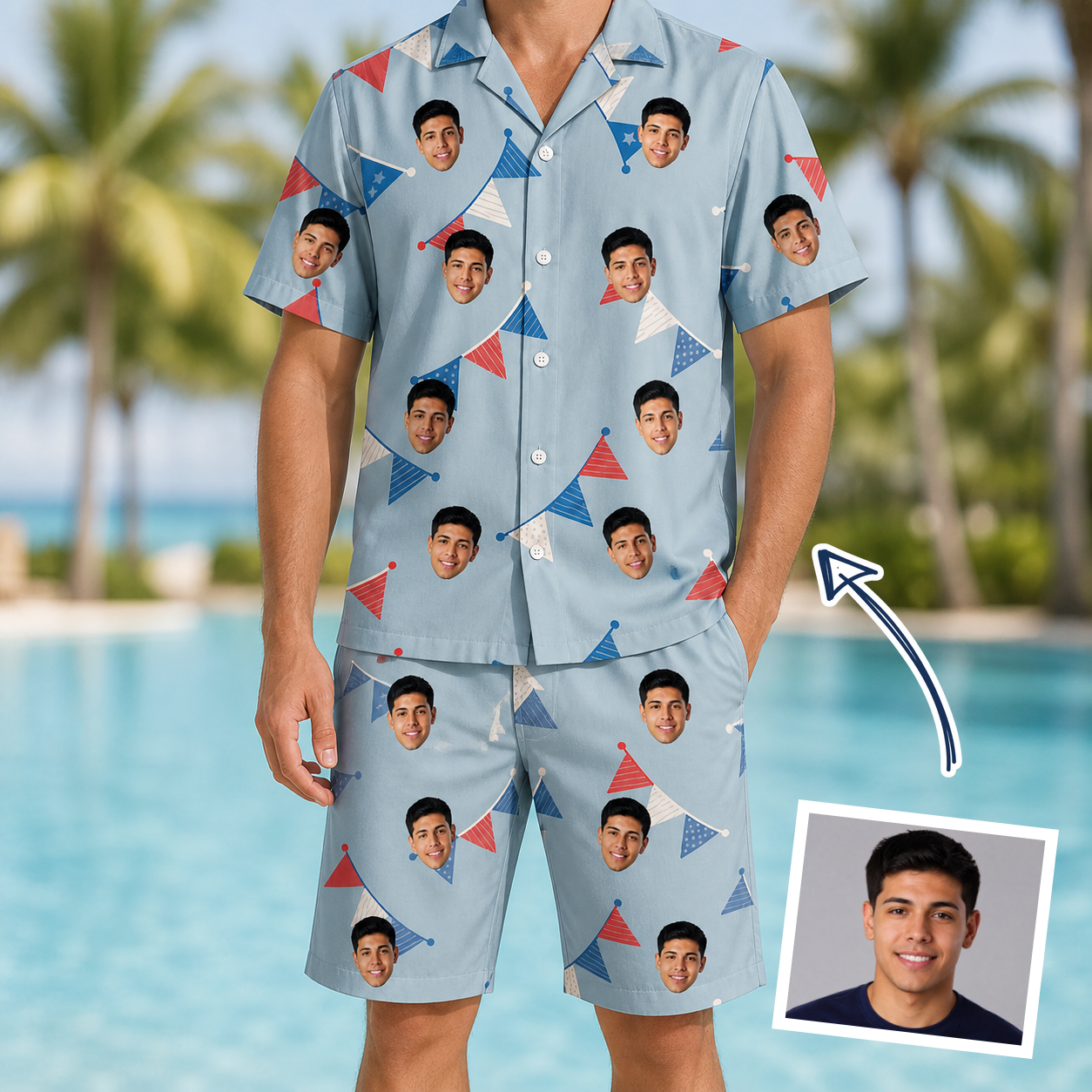 Man wearing Men's Bunting Bonanza Custom Face Shirt & Shorts Set — custom faces printed all-over
