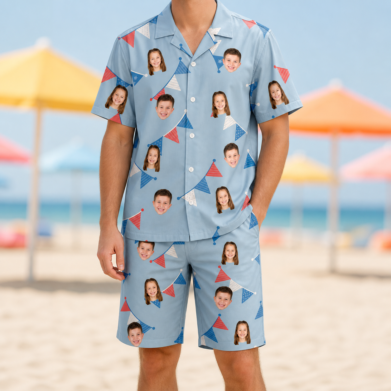 Model wearing Men's Bunting Bonanza Custom Face Shirt & Shorts Set printed with kids' faces