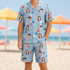 Model wearing Men's Bunting Bonanza Custom Face Shirt & Shorts Set printed with kids' faces