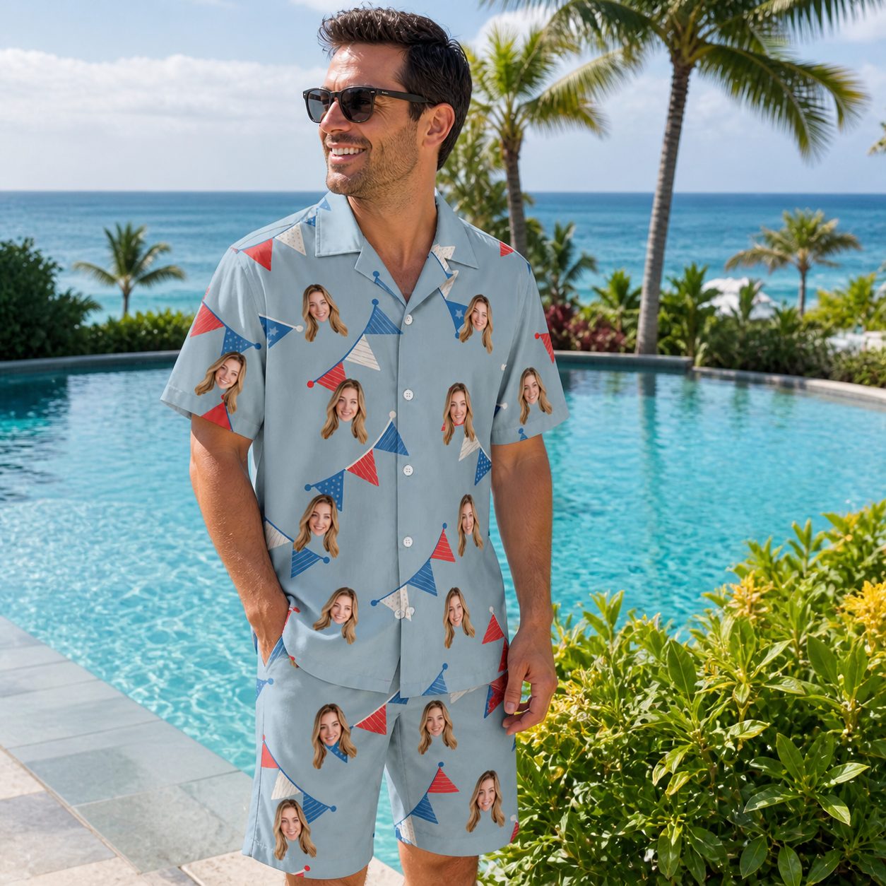 Real-life photo of someone wearing Men's Bunting Bonanza Custom Face Shirt & Shorts Set — custom faces printed all-over