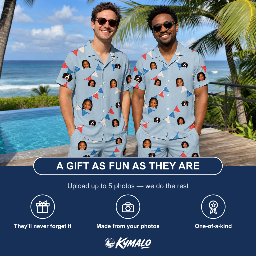 Friends in matching Men's Bunting Bonanza Custom Face Shirt & Shorts Set — a group gift photo