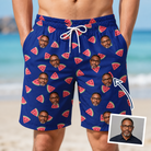 Man wearing Men's July Quarters Custom Face Beach Shorts — custom faces printed all-over