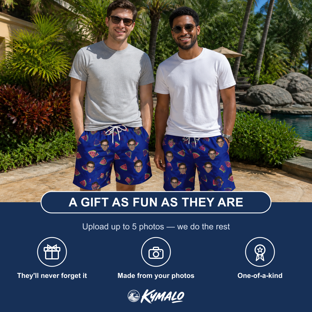 Friends in matching Men's July Quarters Custom Face Beach Shorts — a group gift photo