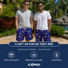 Friends in matching Men's July Quarters Custom Face Beach Shorts — a group gift photo