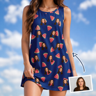 Woman wearing Women's July Quarters Custom Face Tank Dress — custom faces printed all-over