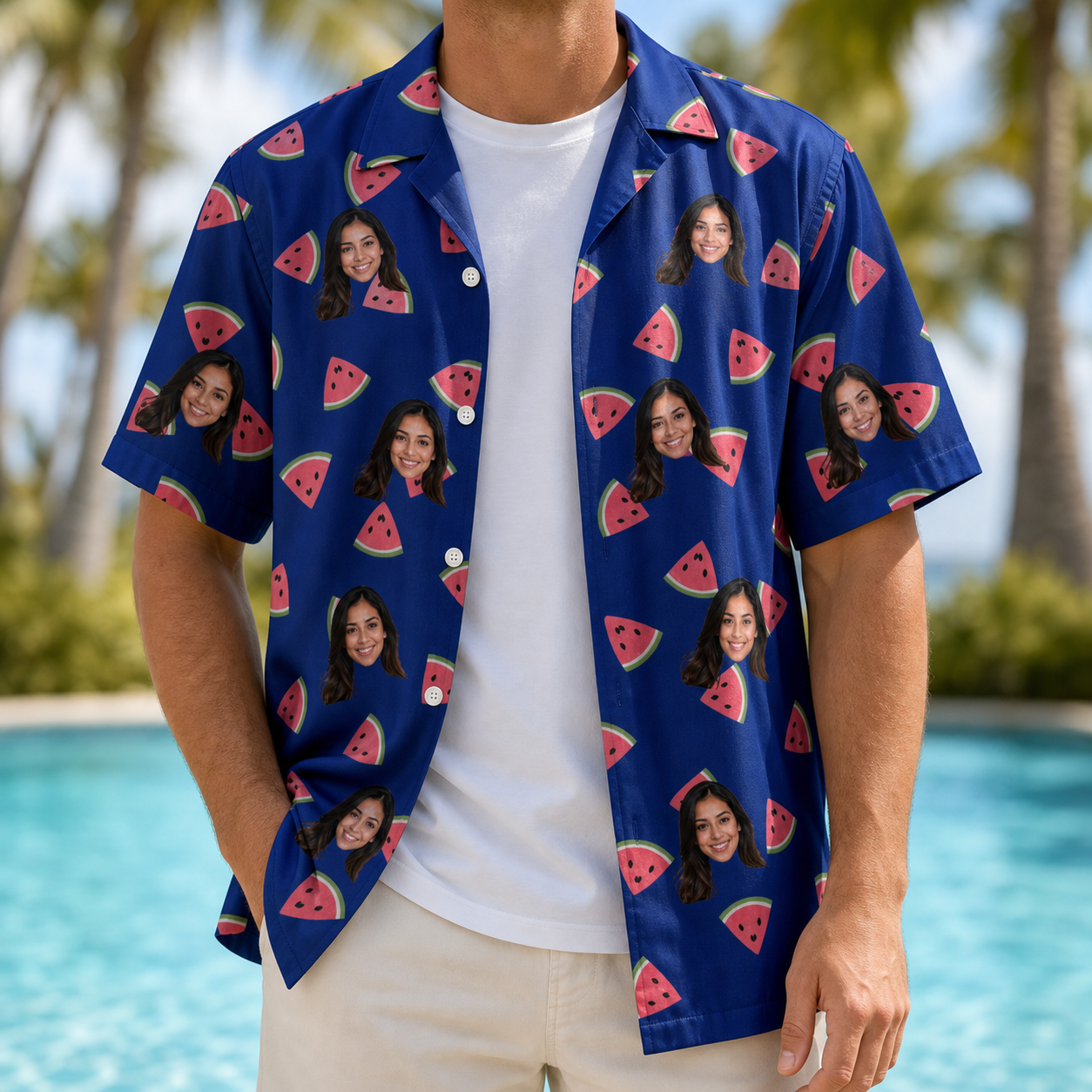 Man wearing Men's July Quarters Custom Face Hawaiian Shirt open over a white tee