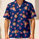 Model wearing Men's July Quarters Custom Face Hawaiian Shirt printed with kids' faces
