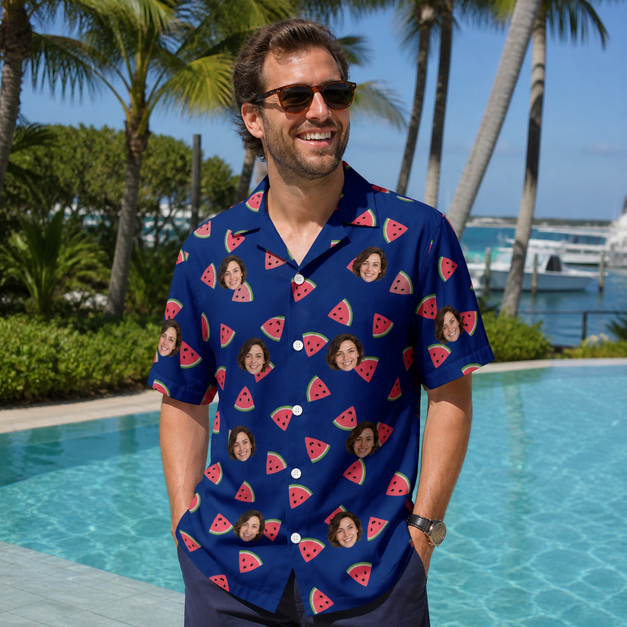 Real-life photo of someone wearing Men's July Quarters Custom Face Hawaiian Shirt — custom faces printed all-over