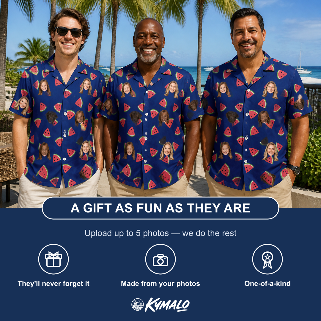 Friends in matching Men's July Quarters Custom Face Hawaiian Shirt — a group gift photo