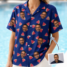 Woman wearing Women's July Quarters Custom Face Hawaiian Shirt — custom faces printed all-over