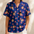 Model wearing Women's July Quarters Custom Face Hawaiian Shirt printed with kids' faces