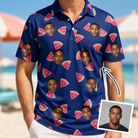 Man wearing Men's July Quarters Custom Face Polo Shirt — custom faces printed all-over