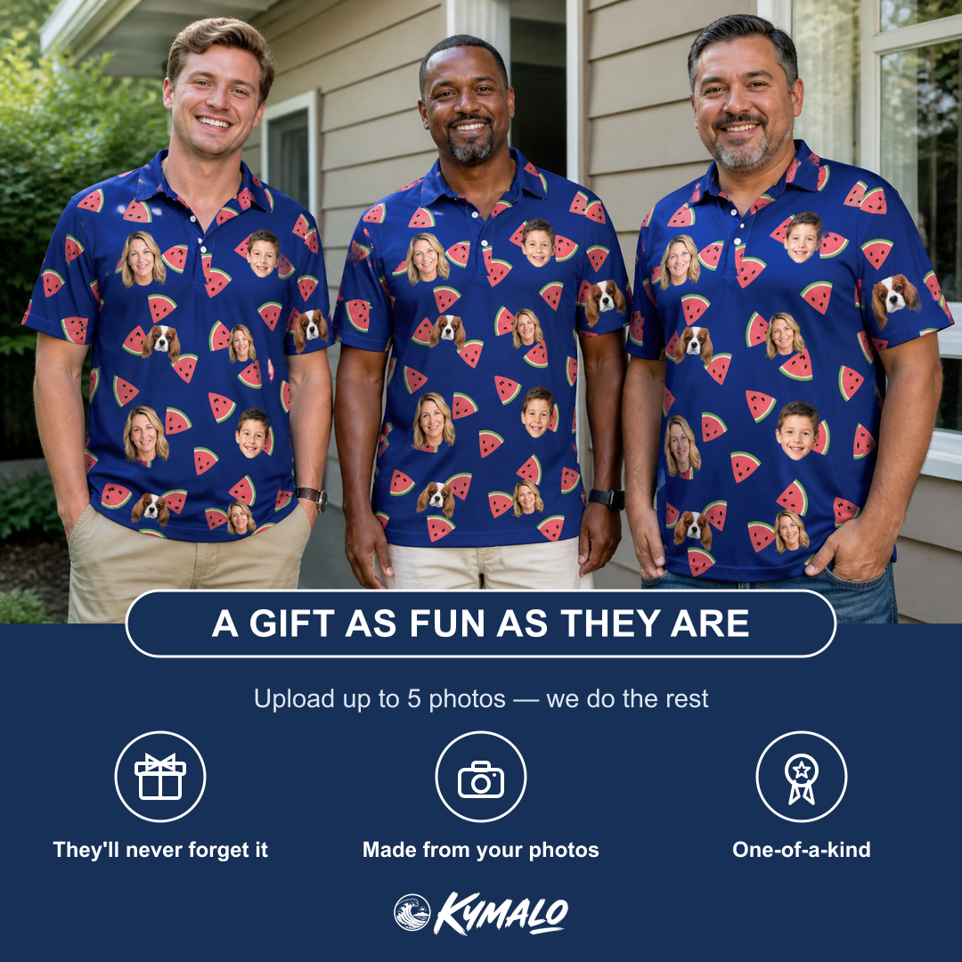 Friends in matching Men's July Quarters Custom Face Polo Shirt — a group gift photo