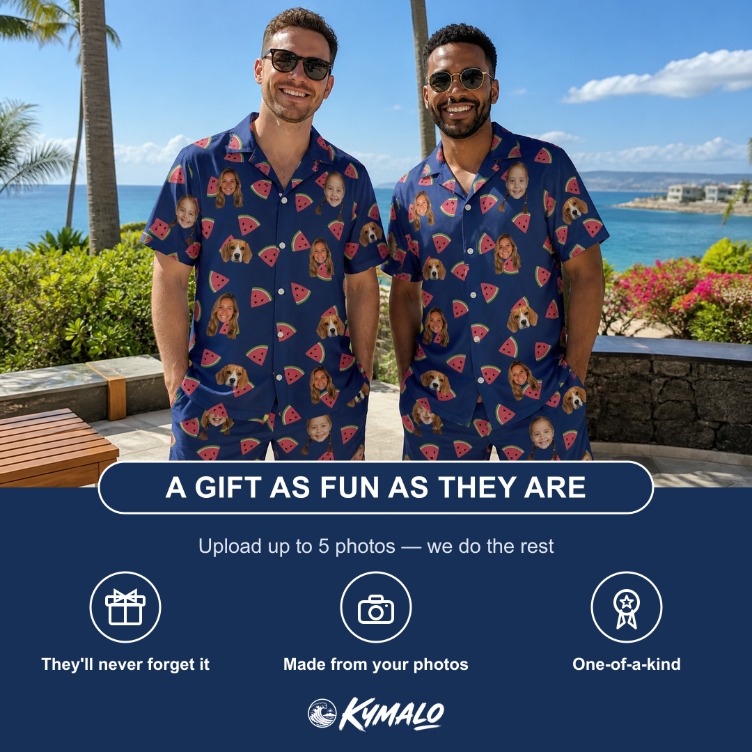 Friends in matching Men's July Quarters Custom Face Shirt & Shorts Set — a group gift photo