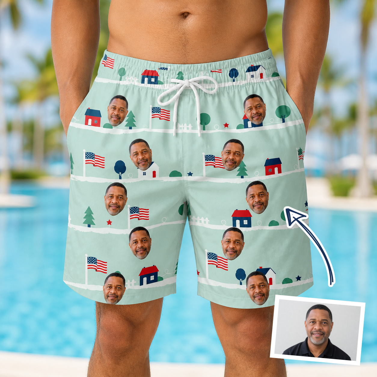 Man wearing Men's Old Glory Custom Face Beach Shorts — custom faces printed all-over