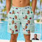 Man wearing Men's Old Glory Custom Face Beach Shorts — custom faces printed all-over