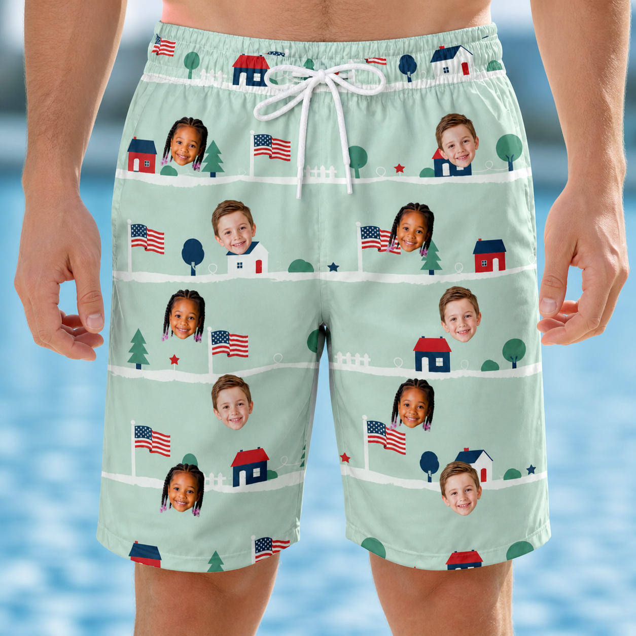 Model wearing Men's Old Glory Custom Face Beach Shorts printed with kids' faces
