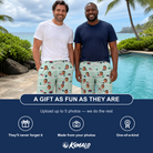 Friends in matching Men's Old Glory Custom Face Beach Shorts — a group gift photo