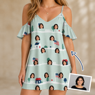 Woman wearing Women's Old Glory Custom Face Off-Shoulder Dress — custom faces printed all-over