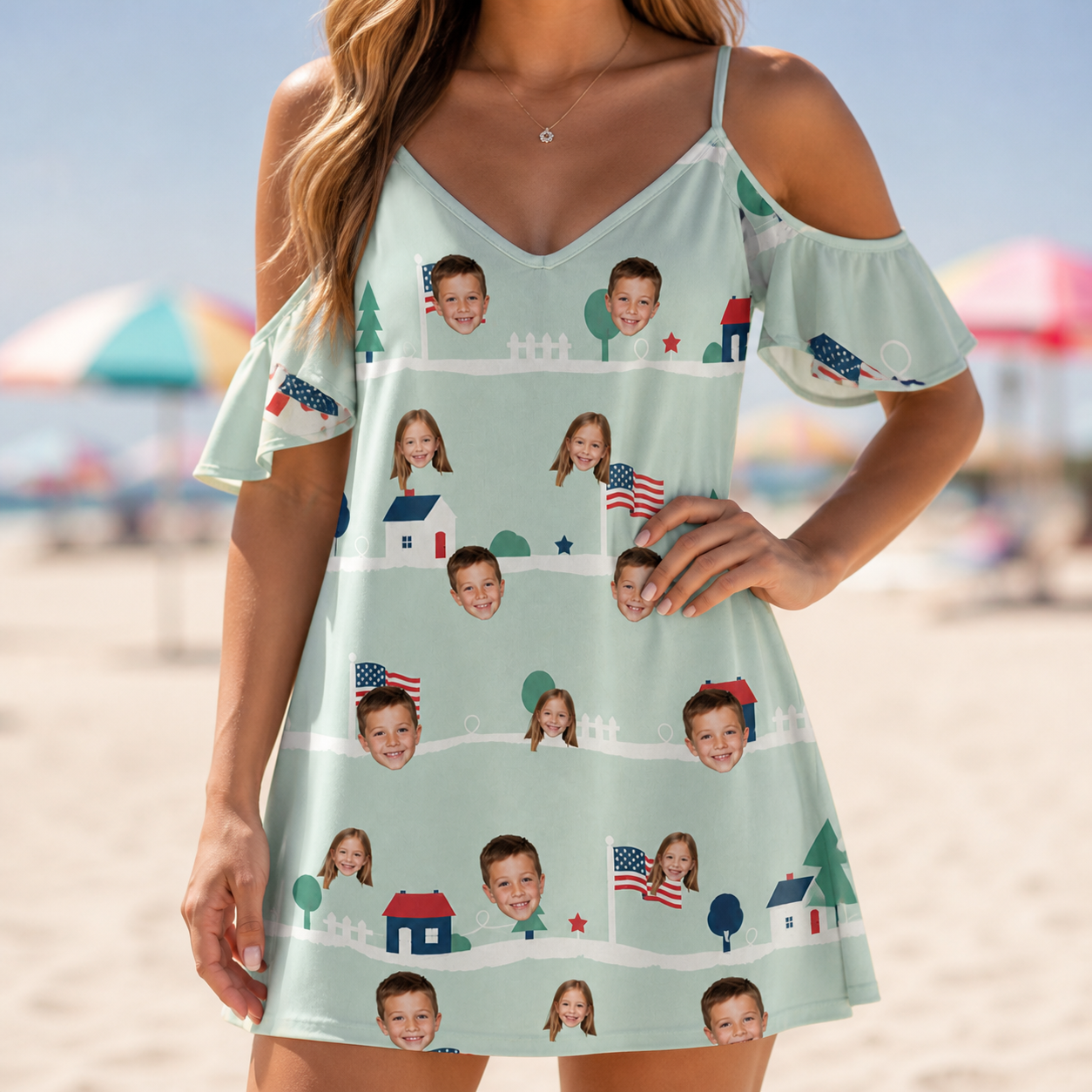 Model wearing Women's Old Glory Custom Face Off-Shoulder Dress printed with kids' faces