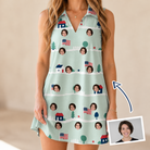 Woman wearing Women's Old Glory Custom Face V-Neck Dress — custom faces printed all-over
