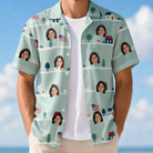 Man wearing Men's Old Glory Custom Face Hawaiian Shirt open over a white tee